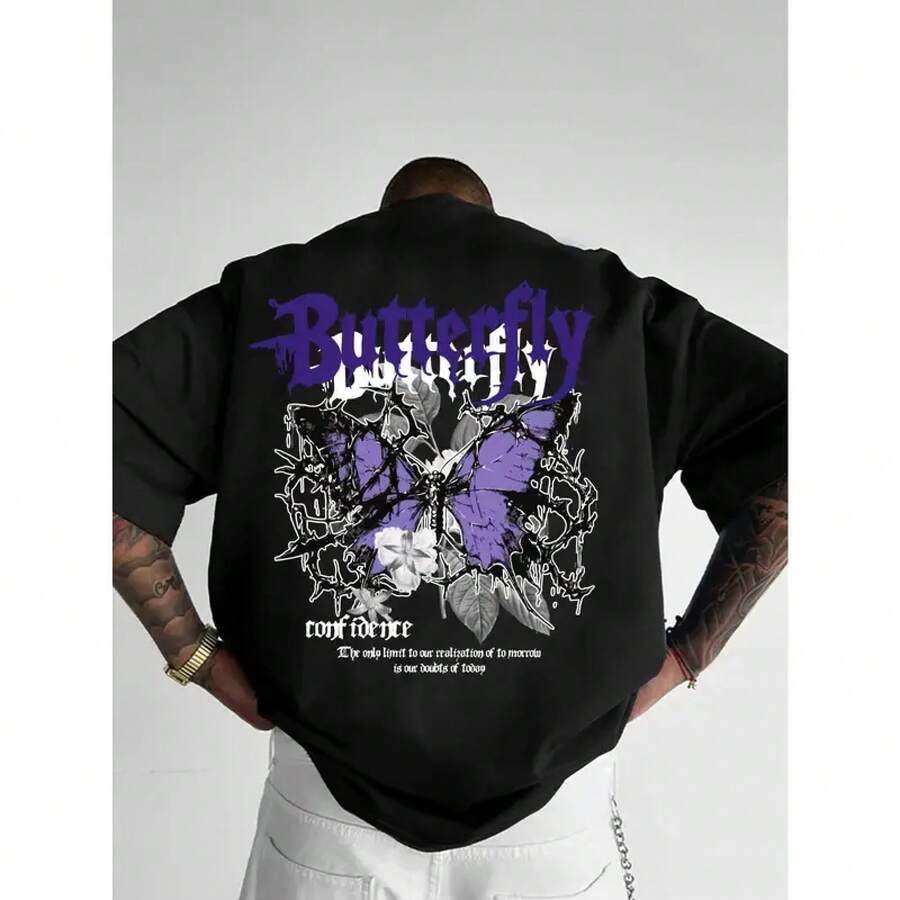 Camiseta Gráfica de Mariposa Morada Y2K para Hombre - Corte Relajado, Transpirable, Casual de Verano con Cuello Redondo, Lavable a Máquina para el Hogar, Aire Libre y Ocasiones Festivas, Suave, Cuello Redondo, Ropa Masculina, Tallas Grandes, Camiseta Favorita de la Abuela, Camiseta de Fe Cristiana - Negro - Ver 1