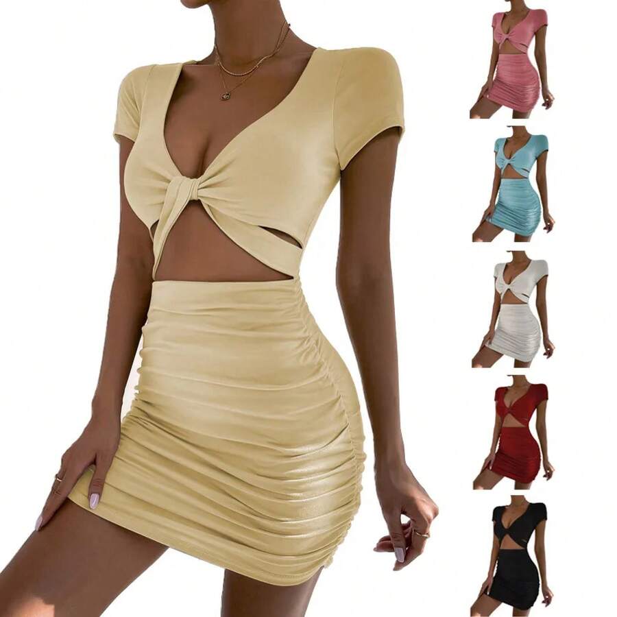 2024 vestido transfronterizo de manga corta para mujer de verano de Europa y Estados Unidos sexy con cuello en V Fanny pack vestido de glúteos - Albaricoque - Ver 1