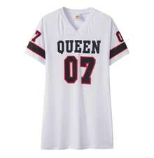 Nuevo Vestido de Moda 2026 con Cuello en V y Estampado de Letras 'Queen', Manga Corta, Estilo Deportivo de Baloncesto, Sexy y Holgado, Ropa Femenina Urbana - Blanco - Ver 1