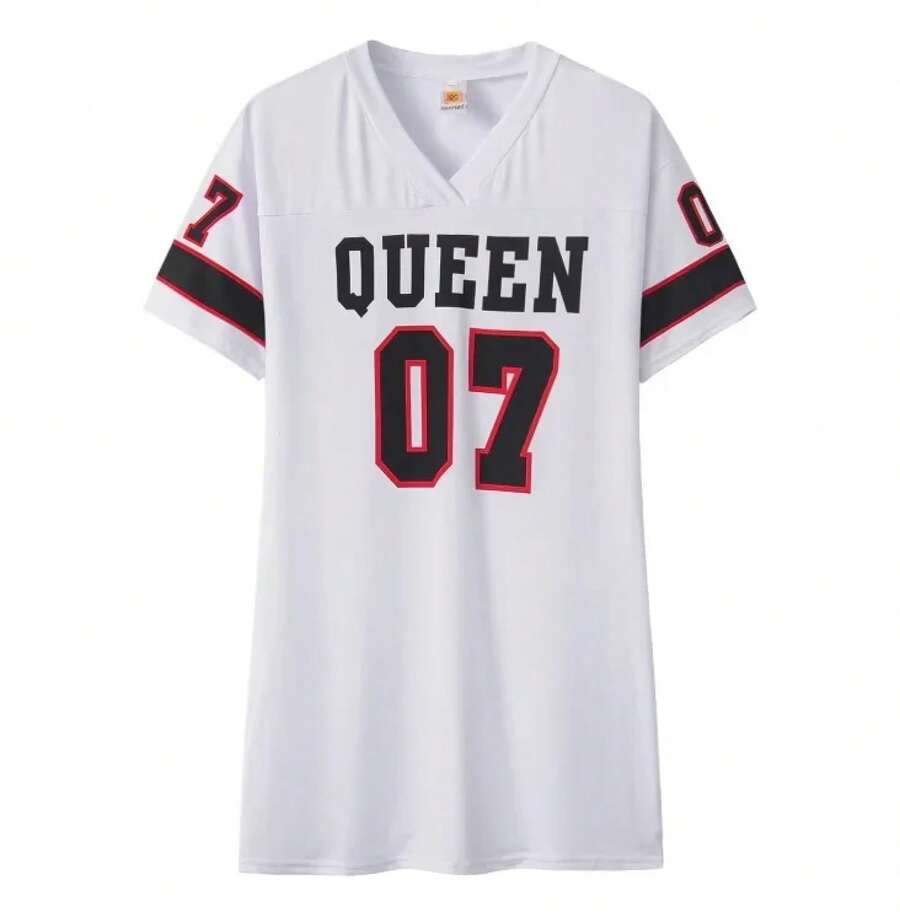 Nuevo Vestido de Moda 2026 con Cuello en V y Estampado de Letras 'Queen', Manga Corta, Estilo Deportivo de Baloncesto, Sexy y Holgado, Ropa Femenina Urbana - Blanco - Ver 1