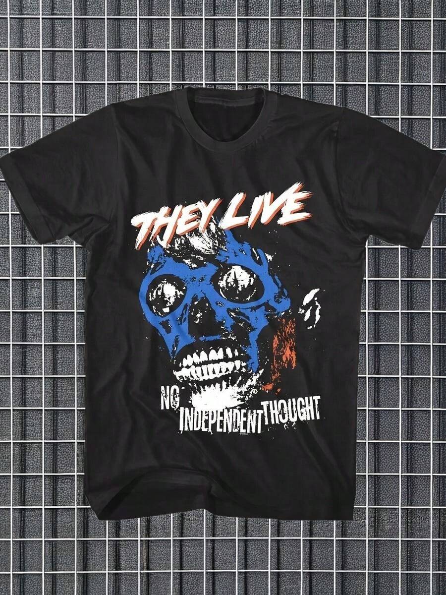 Camisetas THEY LIVE Camisetas de manga corta modernas para hombres y mujeres, ideales para todas las estaciones, 220g, Ropa Casual,Ropa de Temporada,Ajuste Relajado,Camiseta Gráfica,Tela Ligera,Textura - Negro - Ver 1