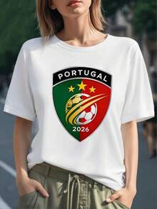 Escudo con balón de fútbol y estrellas doradas que simbolizan la pasión y orgullo por Portugal 2026 en colores verde y rojo camiseta para mujer 100% algodón - Negro - Ver 1