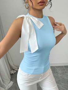 Camiseta sin mangas de mujer con contraste de color y lazo - Azul - Ver 4