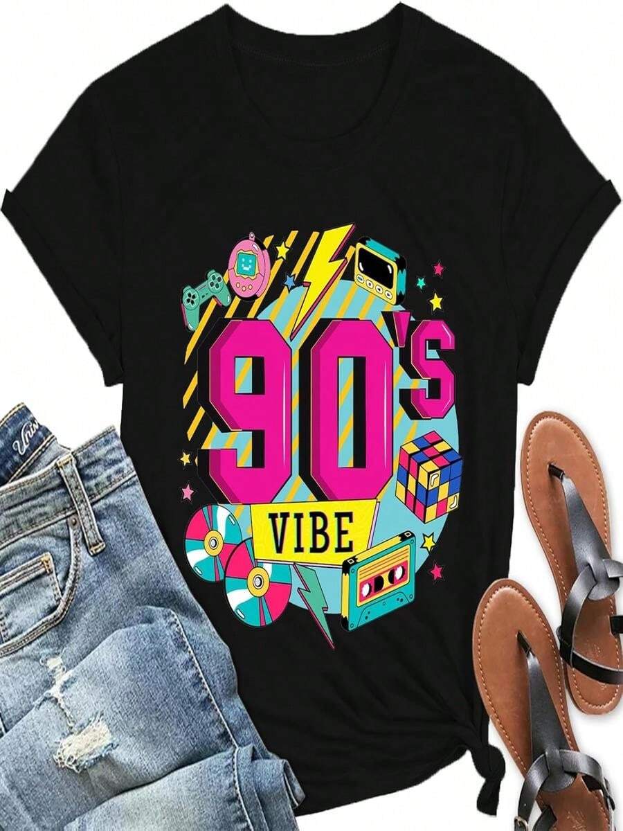playera de manga corta con dise?o de I Love The 80's para mujer, estilo clásico de los a?os 80(1) - Negro - Ver 1