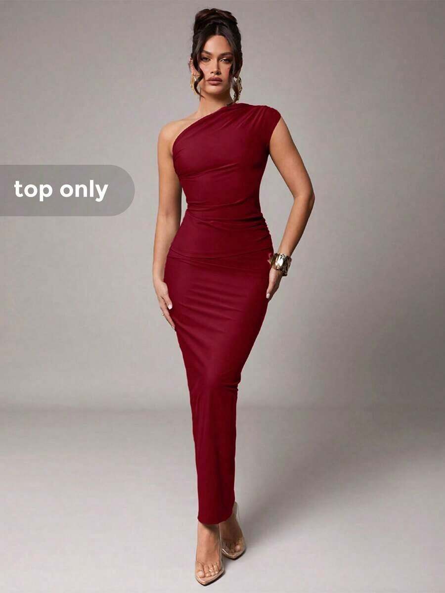 Top tipo tank de uso casual, romántico y elegante para una cita de San Valentín, con diseño de hombros oblicuos, ajuste ceñido, dobladillo asimétrico en tela elástica de punto de unicolor gris-marrón - Burdeos - Ver 1