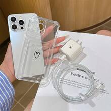 6-In-1 Set: Transparent Black Heart Phone Case + Charger Head Cover + Cable Protector + Storage Cord + Data Cable Winding Rope, TPU Shockproof Protective Case Compatible With Apple 6/7/8/X/XS/XR/11/12/13/14/15/16 Pro Max, Suitable As Birthday And Christmas Gift For Couples, Girlfriends, Daughters, Teenagers - Multicolor - View 3