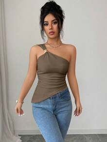 Blusa elegante y sexy de mujer con cuello halter sin mangas, con decoración metálica, tela texturizada, recogido en la cintura, adecuada para salir, citas, vacaciones - Caqui - Ver 4
