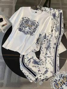 Conjunto casual de 2 piezas para mujer con cuello redondo, manga corta, estampado de langosta a rayas, para verano - Blanco - Ver 1