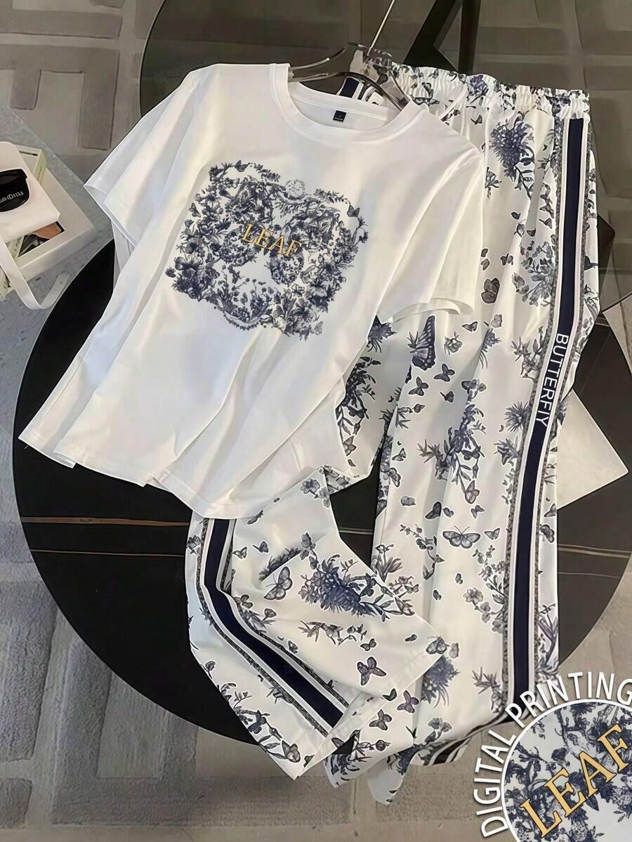 Conjunto casual de 2 piezas para mujer con cuello redondo, manga corta, estampado de langosta a rayas, para verano - Blanco - Ver 1