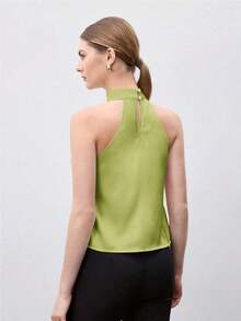 de satén de unicolor para mujer, camisa casual de verano con cuello en V, elegante para la oficina - Verde - Ver 5