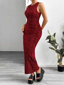 Vestido ajustado sin mangas con estampado de leopardo para mujer - Rojo - Ver 5