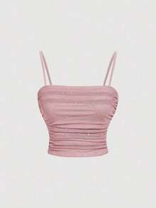 Top elegante azul ajustado con recogido delantero, top de otoño, sexy, para fiesta, cita, club, top con lentejuelas, top tipo camiseta de cumpleaños - Rosa vieja - Ver 1