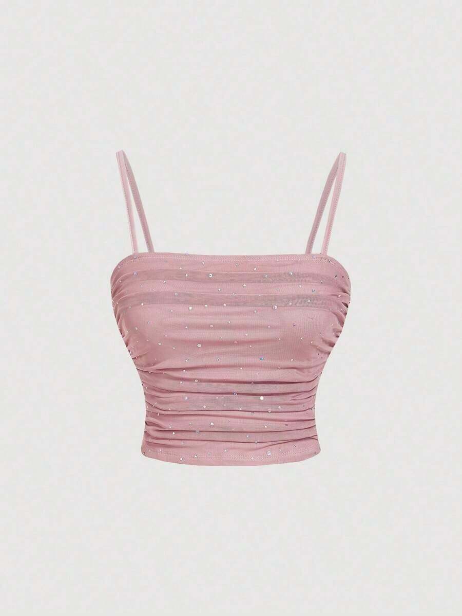 Top elegante azul ajustado con recogido delantero, top de otoño, sexy, para fiesta, cita, club, top con lentejuelas, top tipo camiseta de cumpleaños - Rosa vieja - Ver 1