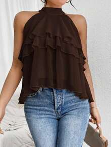 Blusa de gasa con volantes asimétricos y cuello suelto - Café integral - Ver 6