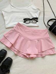 Culotte de mujer de cintura elástica y bajo con volantes de unicolor - Rosa vieja - Ver 3