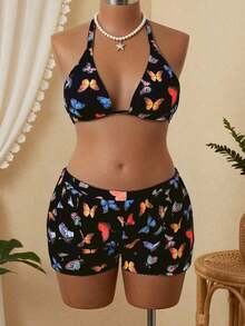 Conjunto de bikini de 3 piezas con estampado de mariposa para mujer de talla grande, para playa de verano - Multicolor 5 - Ver 7