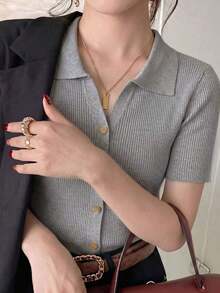 de punto con cuello polo y mangas raglán cortas para mujer, ligera y versátil, ideal para primavera/verano - Gris - Ver 3