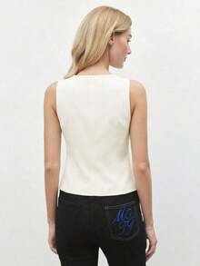 Camiseta de tirantes para mujer con cuello cuadrado, decoración de metal y bajo con volantes en color azul marino.Elegante y moderna, ideal para uso urbano y diario, con un toque romántico y retro de los 90.Adecuada para Navidad, Año Nuevo, San - Blanco - Ver 5
