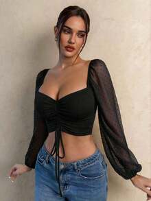 Blusa de manga farol con cuello de corazón y pliegues, corta - Negro 2 - Ver 6