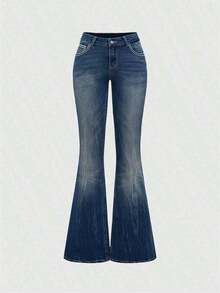 1ROMWE Grunge Punk Spring Black Y2K Retro Xplosion Pocket Cross Wing Embroidery Slim Fit Flare Leg Low Waist Jeans For Women 0GUN - 黑色 - 查看 7