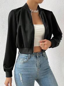 Chaqueta bomber corta con cremallera de color liso, chaqueta ligera de mujer de uso casual para primavera/otoño con manga regular, cuello tipo béisbol y ajuste regular en color negro liso - Negro - Ver 4