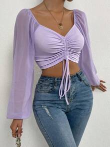Blusa de manga farol con cuello de corazón y pliegues, corta - Lila Púrpura - Ver 5