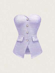 Top corto ajustado de verano para mujer con textura rosa, con detalle de botón de perla - Morado 2 - Ver 6