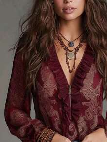 Camisa de chifón estampada de verano para mujer de , blusa transparente con patrón floral barroco y paisley para vacaciones y desplazamientos en primavera y verano. - Rojo oscuro - Ver 7