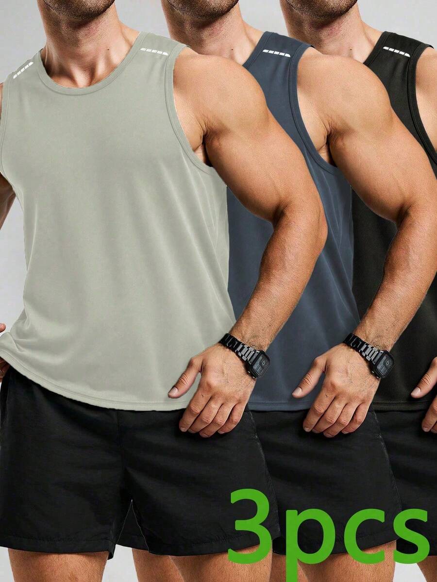3pcs/Set Men's Summer Sports Short Sleeve Elastic T-Shirts, Multi-Color Options, Suitable For Fitness, Running, Training Black - Black - View 1