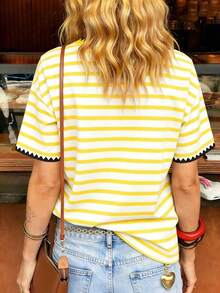 de mujer, estampado de rayas de frutas de cereza en contraste de colores, camiseta suelta de manga corta con estilo retro estadounidense juvenil, colección primavera/verano 2026, como regalo para amigos - Multicolor 7 - Ver 2