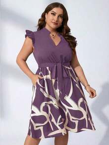 Vestido con estampado gráfico, cuello con muesca, volantes, cinturón, lunares, vestidos para mujer, vestidos casuales de primavera, vestidos de picnic, vestidos de verano, vestidos de primavera, vestidos de festival, vestidos de Pascua, vestid - Morado Violeta - Ver 4