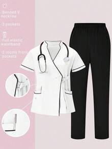 Conjunto de uniformes médicos: Parte superior de cuello en V de manga corta y pantalones para trabajadores de la salud - Blanco - Ver 1