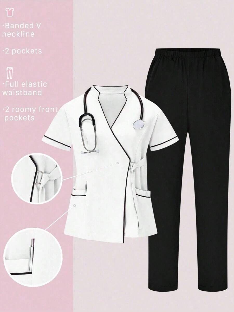 Conjunto de uniformes médicos: Parte superior de cuello en V de manga corta y pantalones para trabajadores de la salud - Blanco - Ver 1