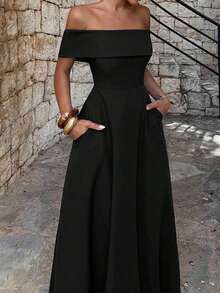 Vestido de mujer de unicolor con hombros descubiertos, nuevo vestido largo elegante y ajustado sin espalda para fiestas, uso diario y citas - Negro - Ver 3