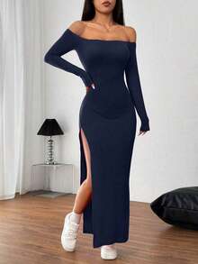 Vestido largo rojo sexy con hombros descubiertos y abertura alta - Azul marino - Ver 3