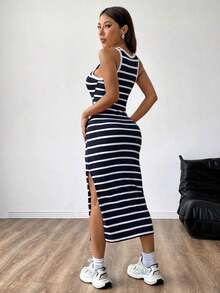 Vestido tank de rayas de muslo con abertura - Azul marino - Ver 2
