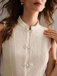 de mujer de estilo chino casual de verano con cuello de cheongsam, botones y textura de unicolor - Albaricoque - Ver 8
