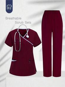 Conjunto de uniforme de pijama de unicolor con parches, cuello en V y manga corta - Burdeos - Ver 1