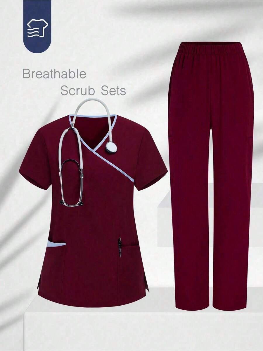 Conjunto de uniforme de pijama de unicolor con parches, cuello en V y manga corta - Burdeos - Ver 1