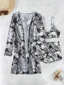 Conjunto de bikini con estampado tropical de tres piezas sujetador de empuje y bottom de bikini tipo hipster y kimono para mujer estilo vacaciones de verano en la playa - Blanco y Negro - Ver 4