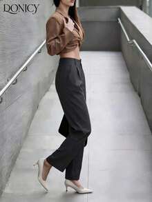 Pantalones rectos de cintura alta de unicolor con pliegues para mujer, suaves y cómodos, versátiles y elegantes para uso casual urbano, adecuados para uso diario casual, citas, fiestas, San Valentín, carnaval y oficina - Gris Oscuro - Ver 9