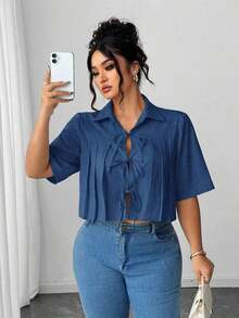 Blusa elegante corta con pliegues y lazo delantero para mujer - Azul 3 - Ver 1