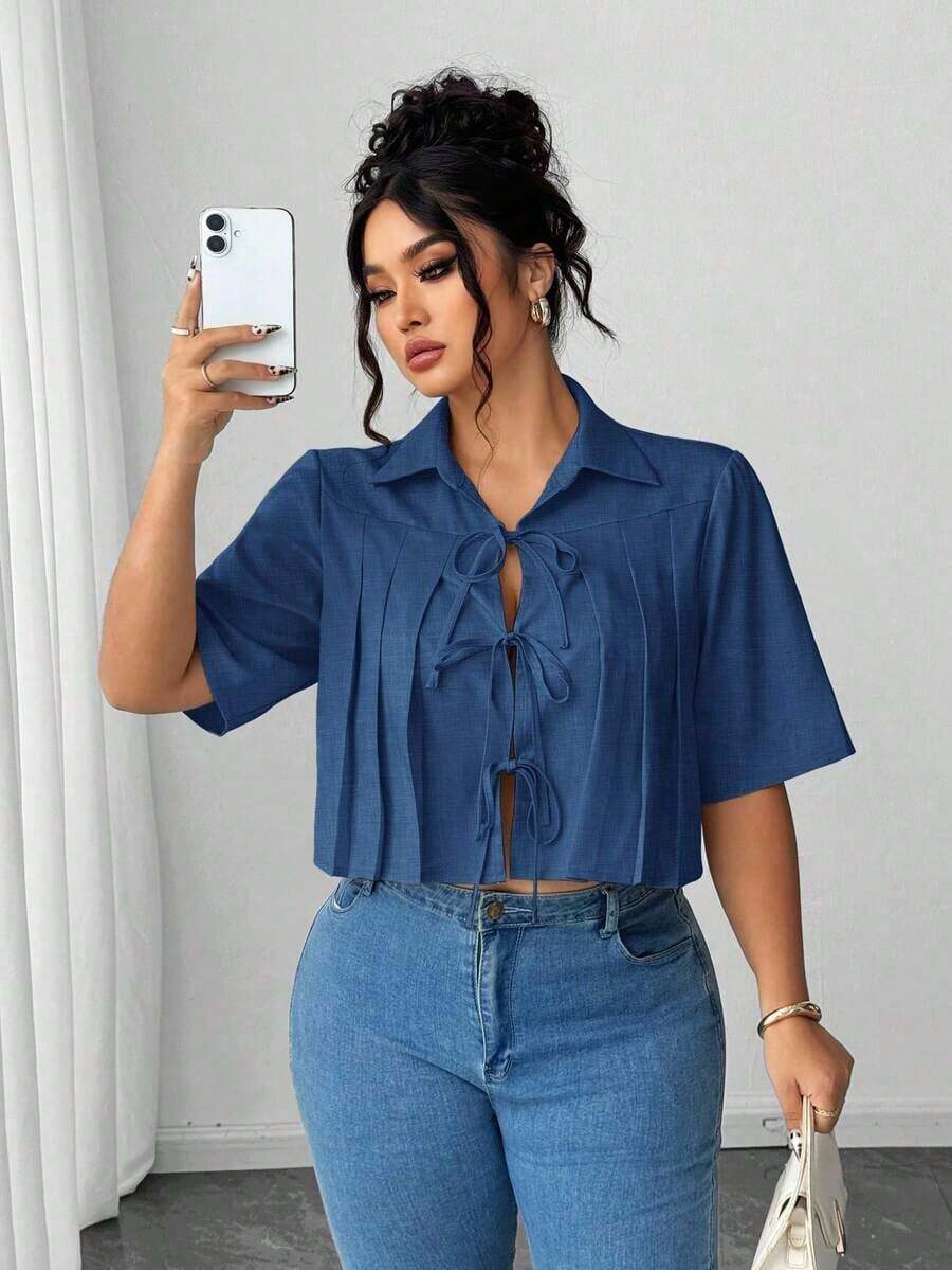 Blusa elegante corta con pliegues y lazo delantero para mujer - Azul 3 - Ver 1