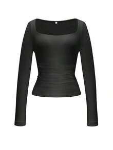 Blusa de manga larga de punto de talla grande para mujer, primavera/verano, sexy y estilizadora, unicolor con cuello cuadrado, casual - Negro - Ver 3