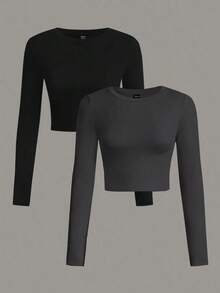 Set de 2 camisetas ajustadas de mujer de cuello redondo, de manga larga y unicolor, aptas para primavera y otoño - Multicolor 5 - Ver 8