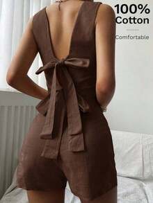 Conjunto de 2 piezas de blusa sin mangas con detalle de lazo y pantalón corto de 100% algodón para mujer, conjunto casual de verano, conjunto de lino - Café integral - Ver 8