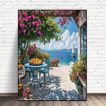 1件装DIY钻石画艺术套装 - 海滨小屋风景图案，圆形钻石马赛克艺术品，适合初学者，家居墙面装饰，独特礼物，不含画框 - 無框 - 查看 6