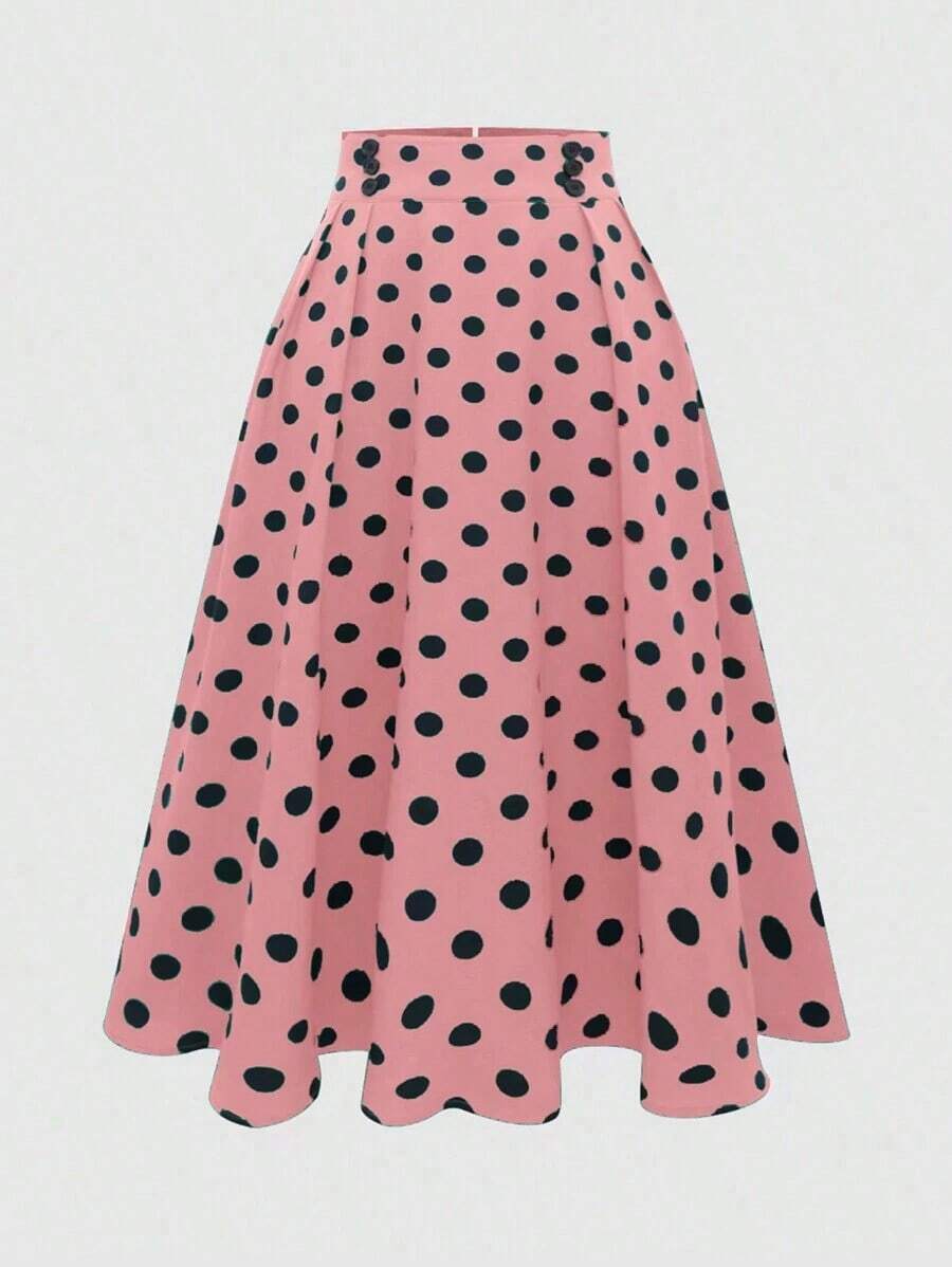 Falda casual de lunares para mujer, sencilla y de moda para uso diario - Rosa - Ver 1
