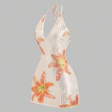Women's New Spring/Summer Suitable For Vacation, Party, Elegant Romantic Floral Sequin Fabric Deep V-Neck Design Backless Tie Strap Mini Dress - Azul - Ver 7