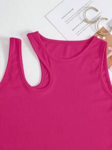 Top Sin Mangas De Punto Acanalado Con Hombro Cortado Sólido Para Verano - Rosa Fucsia - Ver 4